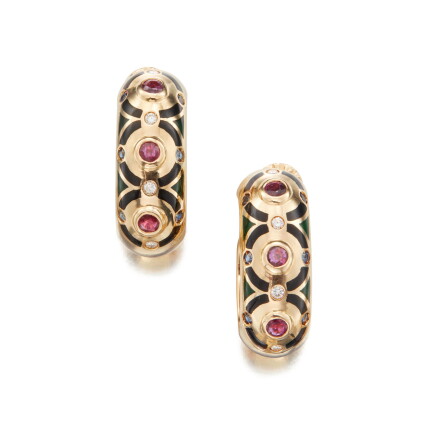 Catalog image of Pair of Diamond, Gem-Set and Enamel Earclips