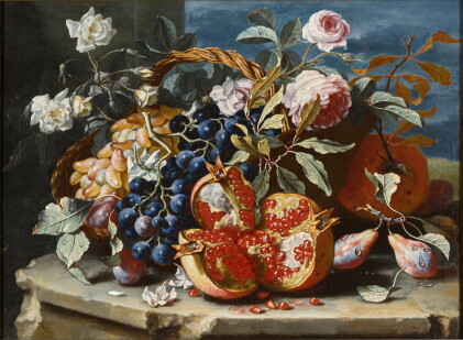 Catalog image of Still life with a pomegranate and grapes, with roses and other fruits in a bask…