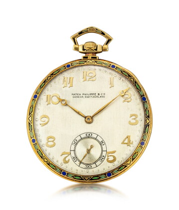 Catalog image of patek philippe | a yellow gold and enamel openface keyless watch, made in 1925