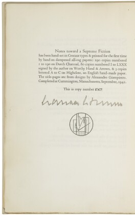  Notes toward a Supreme Fiction. Cummington, MA: Cummington Press, 1942