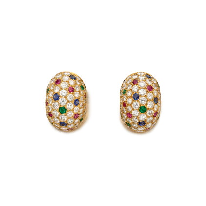 Catalog image of Van Cleef & Arpels | Pair of Ruby, Emerald, Sapphire and Diamond 'Domino' Earcl…