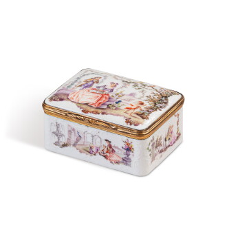 View 1 of Lot 684: A German porcelain rectangular snuff box with gilt-metal mount, possibly Kloster Veilsdorf or Berlin, circa 1770 