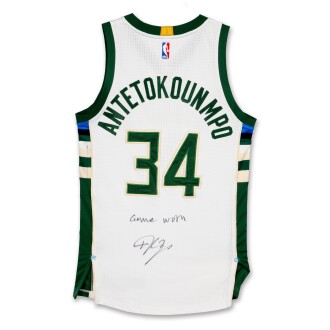 View 1 of Lot 38: Giannis Antetokounmpo Milwaukee Bucks 2016-2017 Signed & Game Worn Jersey | Double-Double