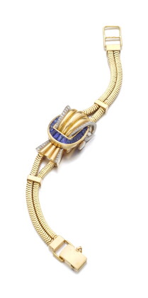 Catalog image of lady's gold, sapphire and diamond wristwatch | mauboussin, 1940s