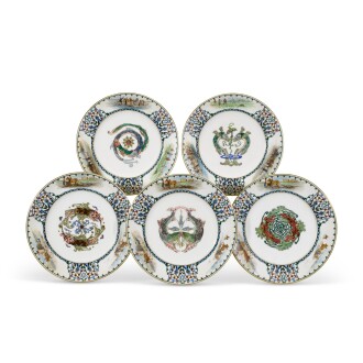 View 1 of Lot 143: A group of five porcelain pictorial dinner plates, Kornilov Brothers Manufactory, retailed by Tiffany & Co., St Petersburg, 1880s to 1917