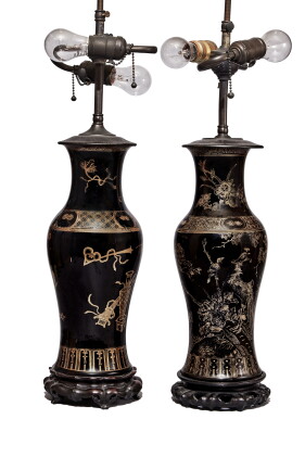Catalog image of A Pair of Chinese Mirror-Black-Glazed Gilt-Decorated Vases, Qing Dynasty, 19th …