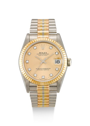 Catalog image of REFERENCE 68279B TRIDOR DATEJUST A THREE COLOR GOLD AND DIAMOND-SET WRISTWATCH …