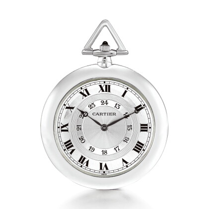 Catalog image of cartier | a platinum open face watch with double chapter ring dial and matching…
