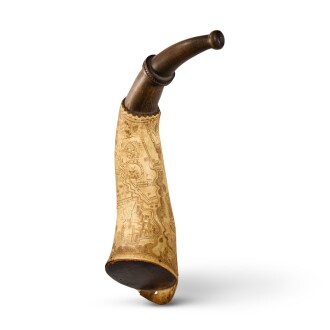 View 1 of Lot 495: Extremely Fine and Rare Captain Peter Bachop's Engraved Map Powder Horn, New York, Dated June 11, 1765