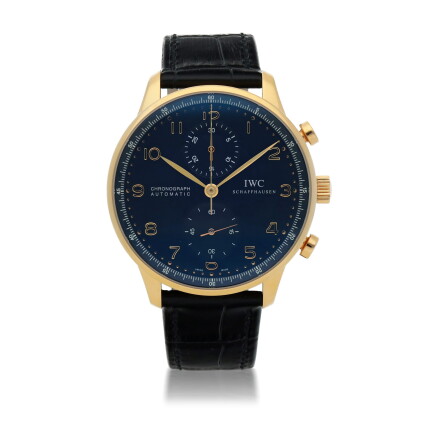 Catalog image of portuguese, ref 3714 pink gold chronograph wristwatch circa 2000