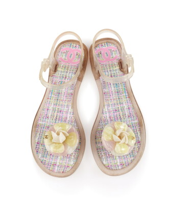 Catalog image of chanel | pair of jelly camellia ankle strap thong sandals