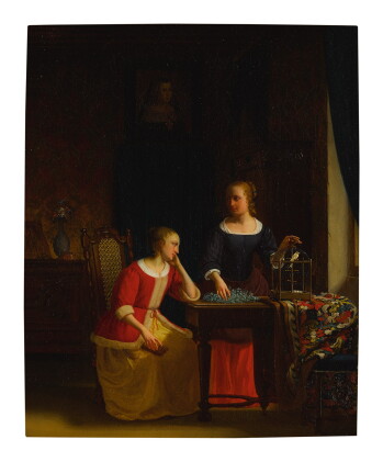 Catalog image of attributed to henri-nicolas van gorp | two women in an interior with a birdcage