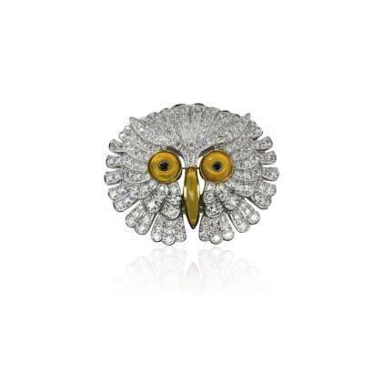 Catalog image of agate and diamond brooch, 'owl', michele della valle