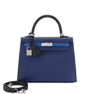 View 1 of Lot 560: Limited Edition Bleu Saphir, Bleu France and Black Epsom Tri-color Kelly 25 Sellier Palladium Hardware, 2022
