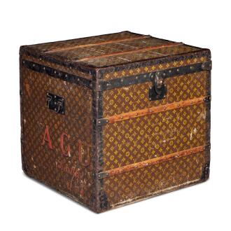 View 1 of Lot 146: Vintage Monogram Canvas Hatbox Steamer Trunk Brass Hardware, 20th Century