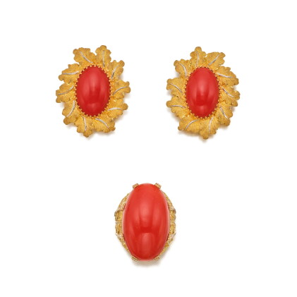 Catalog image of Gold and Coral Ring and Pair of Earclips