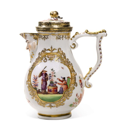 Catalog image of A Meissen silver-gilt-mounted chinoiserie hot-water jug and cover, circa 1740
