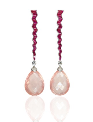 Catalog image of pair of ruby, rose quartz and diamond pendent earrings, michele della valle