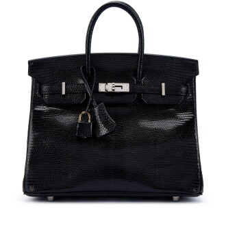View 1 of Lot 9771: Black Shiny Niloticus Lizard Birkin 25 Palladium Hardware, 2008
