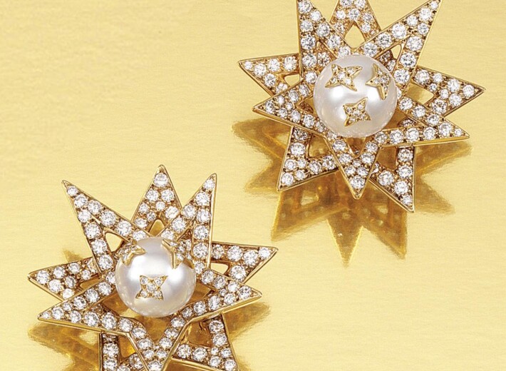 Pair of Cultured Pearl and Diamond Ear Clips, Chanel