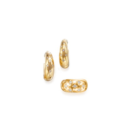 Catalog image of gold and diamond ring and pair of earclips, chaumet, paris