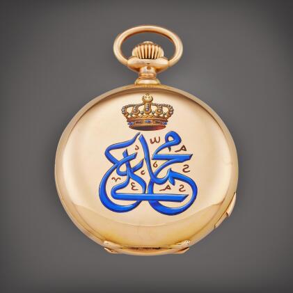 View 1 of Lot 142: A heavy gold and enamel quarter repeating grande and petite sonnerie clock watch, possibly made in commemoration for the Muhammad Ali Dynasty in Egypt, Circa 1890