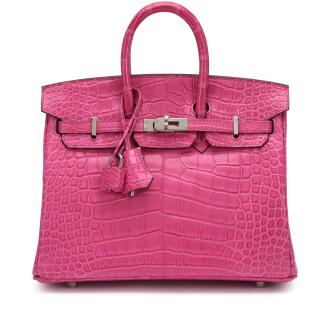 View 1 of Lot 70: Rose Shocking Matte Mississippiensis Alligator Birkin 25 Palladium Hardware, 2020 