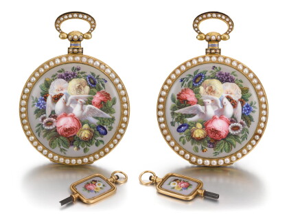 Catalog image of bovet fleurier | a pair of gold, enamel and pearl-set watches made for the chin…