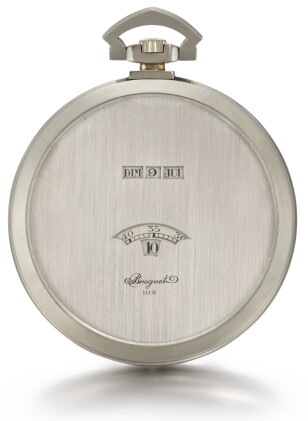 Catalog image of a very rare, fine and slim white gold open-faced keyless lever jump hour watch …