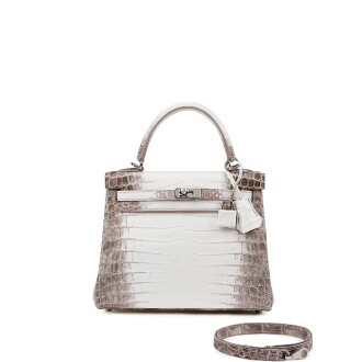 View 1 of Lot 7702: White Matte Niloticus Crocodile Himalaya Kelly 25 Retourné Palladium Hardware, 2021