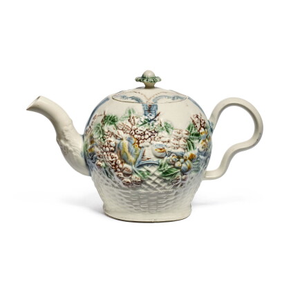 Catalog image of a william greatbatch lead-glazed cream-colored earthenware teapot and cover cir…