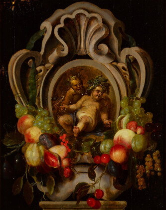 Catalog image of Satyr and Bacchus surrounded by a flower garland
