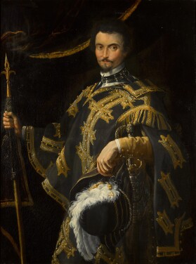 View 1 of Lot 103: Portrait of a gentleman, standing three-quarter-length, in green embroidered costume, holding a plumed hat and a spear