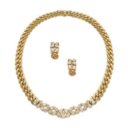 Catalog image of Gold and Diamond Necklace and Pair of Earclips