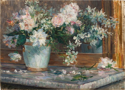 Catalog image of Un bouquet d’iris, de roses et de jasmins dans un vase posé sur un manteau de c…