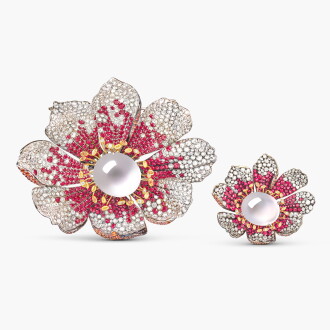 View 1 of Lot 1632: Icy Jadeite, Ruby, Diamond and Coloured Sapphire 'Anemone' Brooch and Ring | 天然冰種翡翠 配 紅寶石 配 鑽石 及 彩色剛玉「風尚銀蓮」胸針 及 戒指