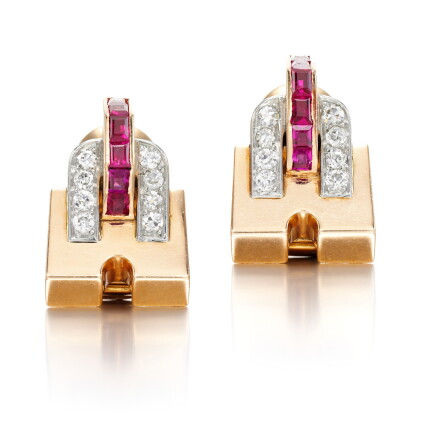 Catalog image of Pair of ruby and diamond ear clips, 1940s