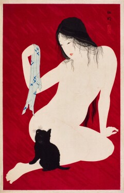 View 1 of Lot 156: Takahashi Shotei (Hiroaki, 1871-1945) | Nude and black cat | Taisho - Showa period, 20th century 