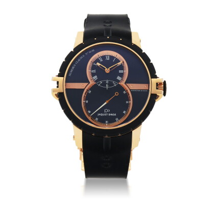 Catalog image of jaquet droz | numerus clausus grande seconde, ref j029033 pink gold and rubber …