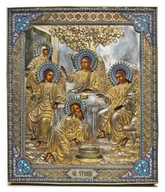 View 1 of Lot 218: A silver-gilt and cloisonné enamel icon of the Trinity, Antip Kuzmichev, Moscow, 1890