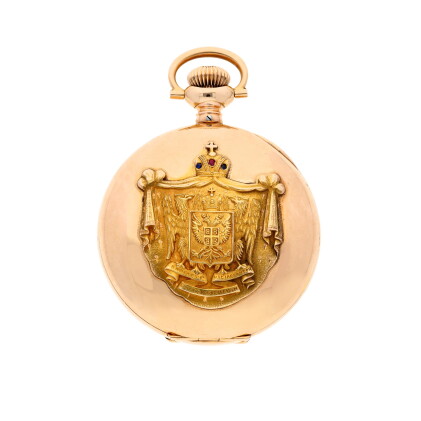 Catalog image of A gold hunting cased keyless lever presentation watch Circa 1903, no. 9615468