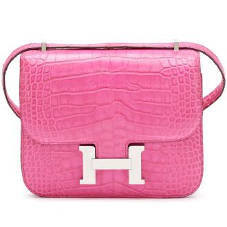 View 1 of Lot 48: Rose Shocking Matte Mississipiensis Alligator Mini Constance 18 Palladium Hardware, 2021