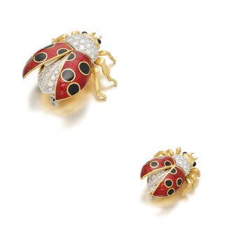 View 1 of Lot 522: Two Enamel and Diamond Clip-Brooches