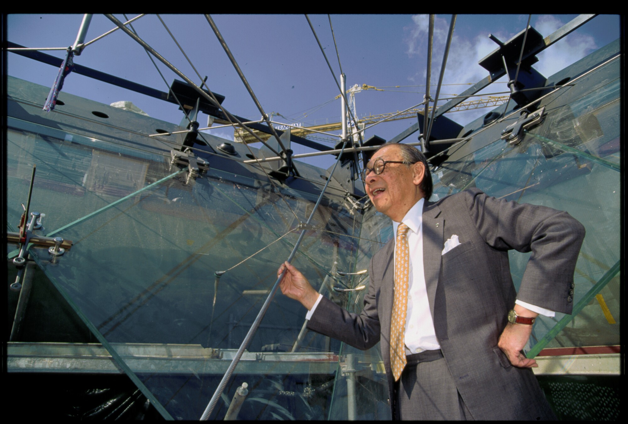 I.M. Pei at the Louvre Pyramid Construction
