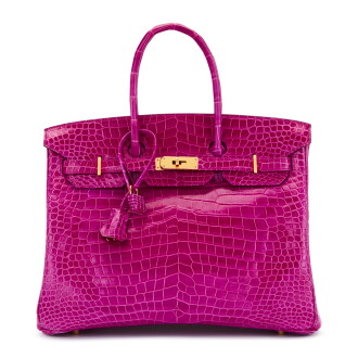 View 1 of Lot 185: Rose Scheherazade Shiny Porosus Crocodile Birkin 35 Gold Hardware, 2014