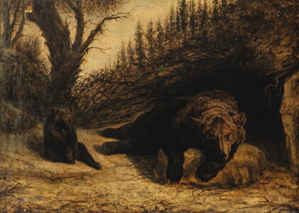 Catalog image of felix-hippolyte lanoüe | a female bear with her teddy bear nearby a cave