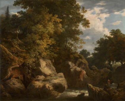 Catalog image of A romantic landscape with fishermen and a dog by a rushing stream in a glen