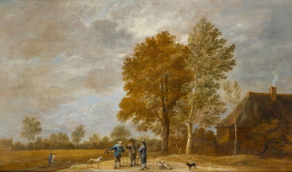 Catalog image of A landscape with a falconer and other figures conversing, with dogs
