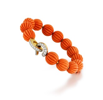 View 1 of Lot 9: Coral and diamond bracelet | Bracelet corail et diamants