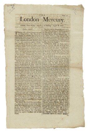  An early promotional notice for the Carolina Colony in The London Mercury, No. 36. London: Printed for T. Vile, from Friday, August 4 to Tuesday August 8, 1682